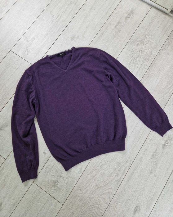Lindbergh fioletowy wełniany sweter w serek 50% wełna merino XL