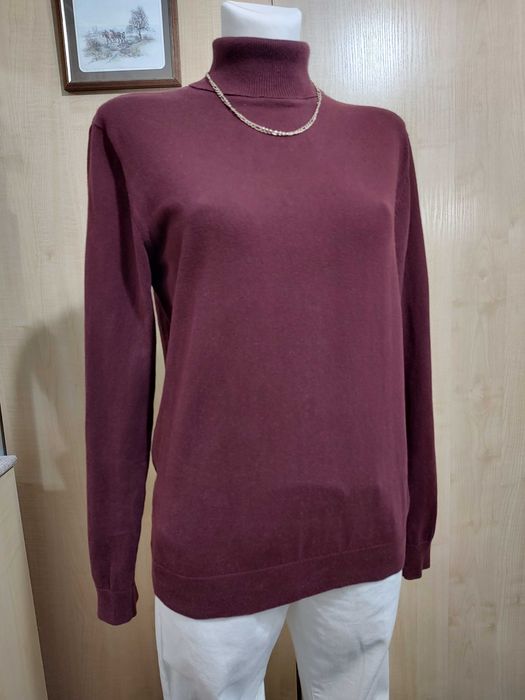 Basicowy damski bawełniany burgundowo brązowy golf z długim rękawem