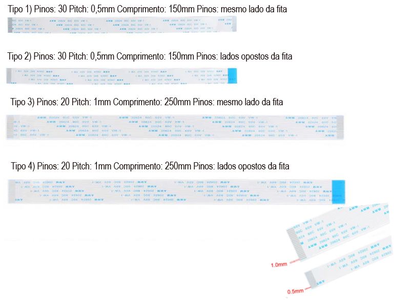 Cabos Flat Fita FFC 20/30 pinos - 0,5/1mm AWM 20264, 80C 60V VW-1