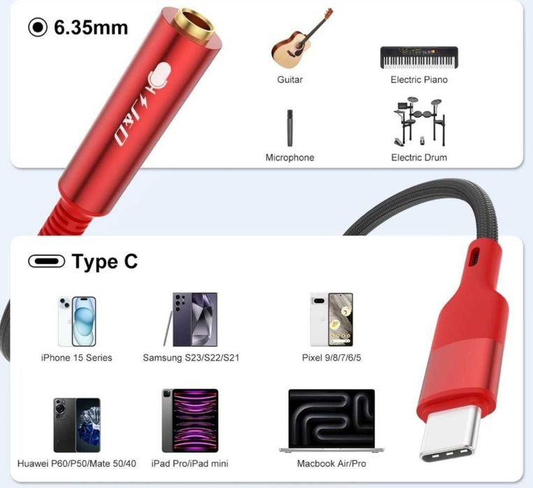 J&D USB-C to 6.35mm TS Female Audio Cable
