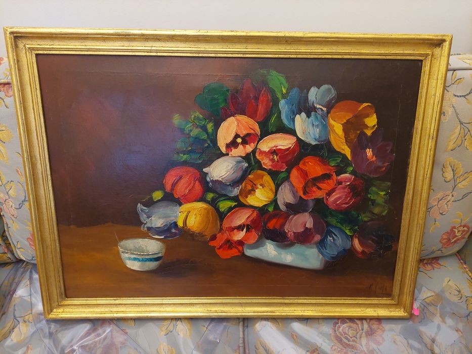 Lindo quadro a óleo flores com moldura m sousa pintura