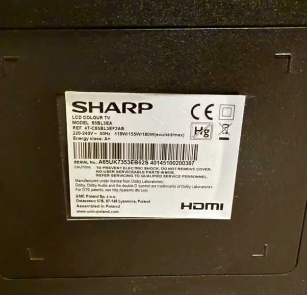 Telewizor Sharp 65BL3EA – uszkodzone podświetlenie, reszta sprawna