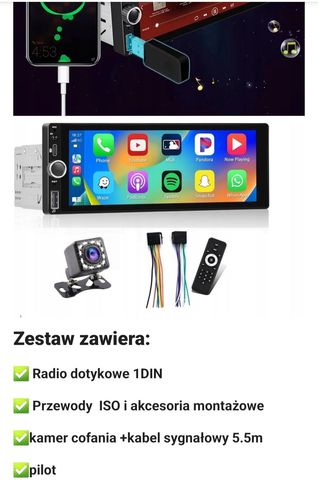 Radio Nawigacja 6,9"WP-6097, 1DIN,Carplay,Android Auto,MAPY,Bluetooth,