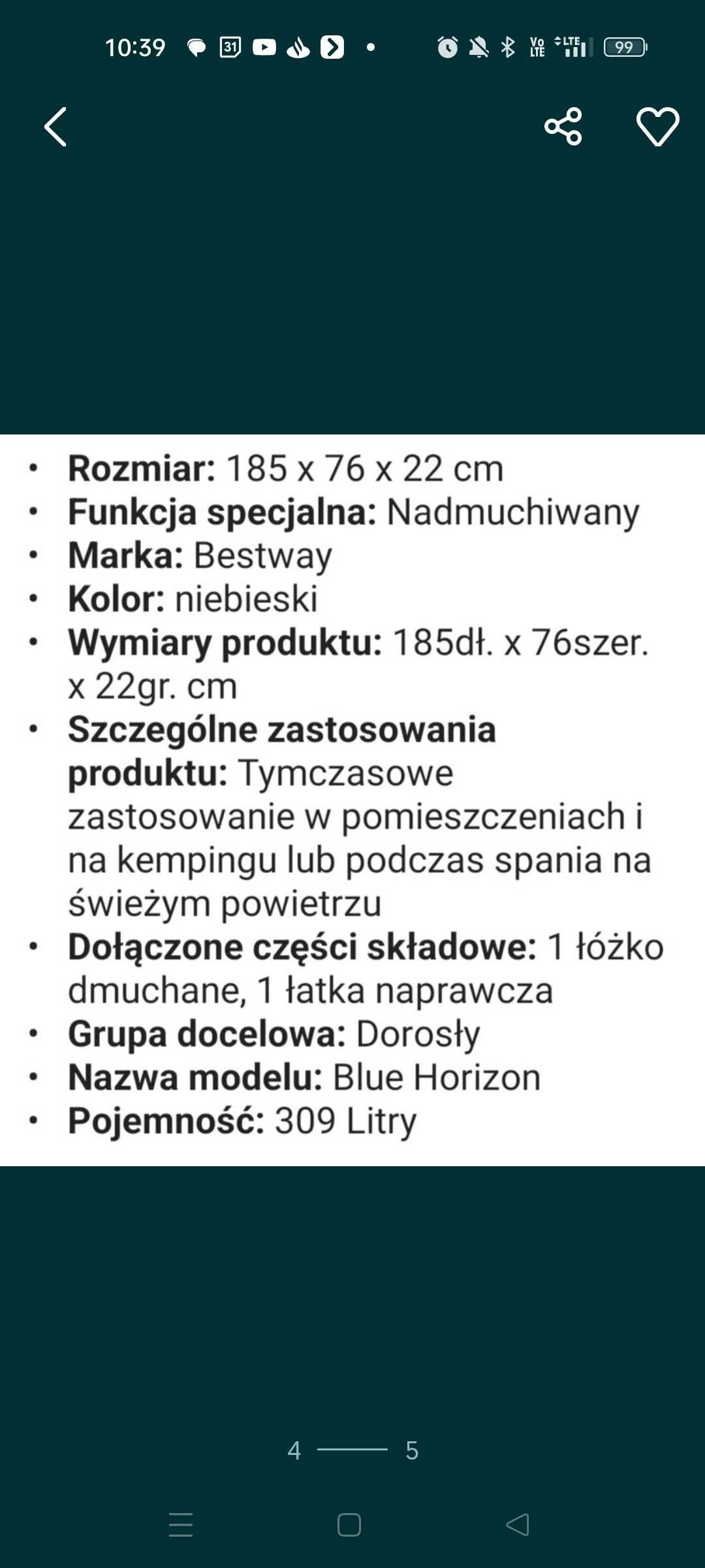 Bestway materac, łóżko dmuchane Blue Horizon Single XL/Lo 185x76x22cm