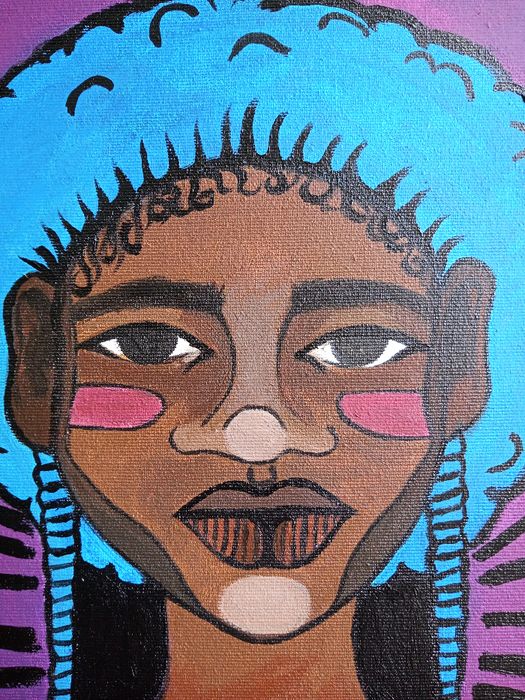 akrylowy obraz kobieta z niebieskim afro