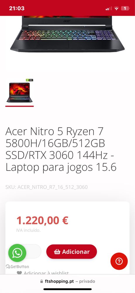 Portátil Gaming ACER NITRO 5//  Ryzen 7 5800h // RTX 3060 // 24 GB Ram