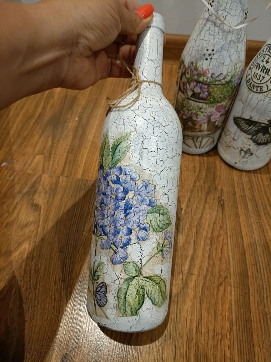 Decoupage ozdobne butelki bez róże szarość spękania hand made