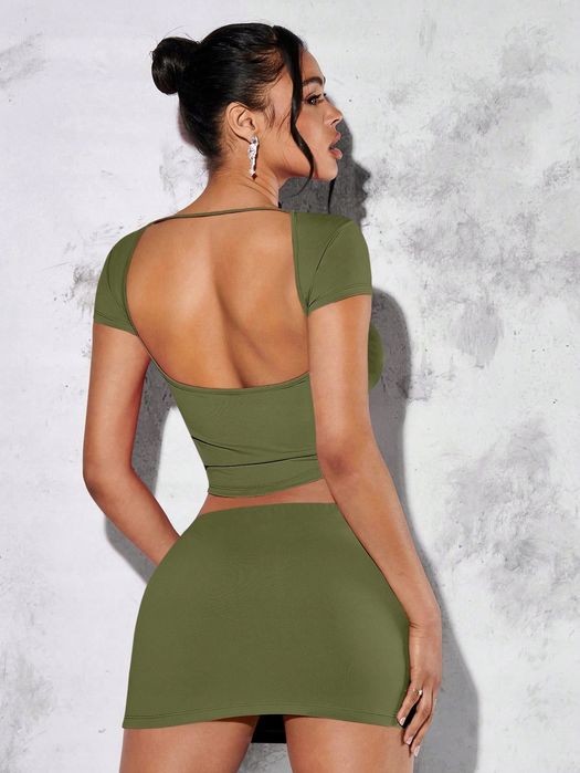 Komplet Sexy Top Z Odkrytymi Plecami+ Spódnico-Spodenki Mini L