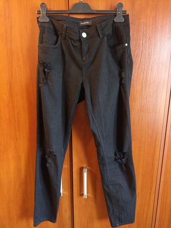 Jeans jeansy Terranova ciemne czarne L dziury przetarcia jak nowe