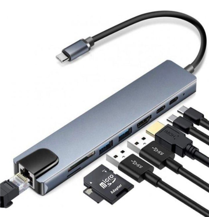 Концентратор Type-C 8 в 1 HDMI, USB-C, USB 3.0, Ethernet, TF card, Mic