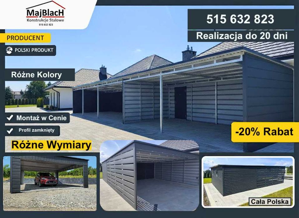 WIATA Otwarta  / ALTANA /CAROPORT na pojazd / ZADASZENIE   Maj-Blach