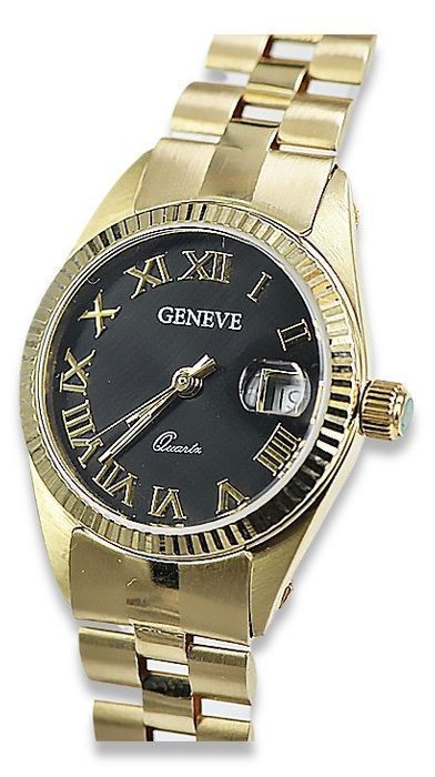 Prześliczny 14k 585 złoty damski zegarek Geneve lw059y Czarny Cudo