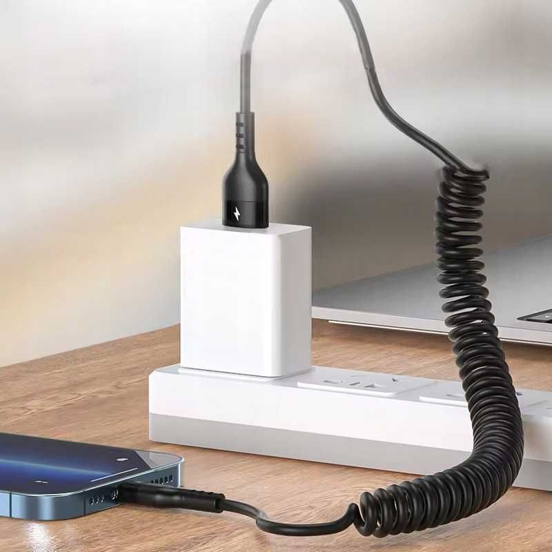Kabel do ładowania smartfona tabletu USB-C czarny spiralny sprężynowy