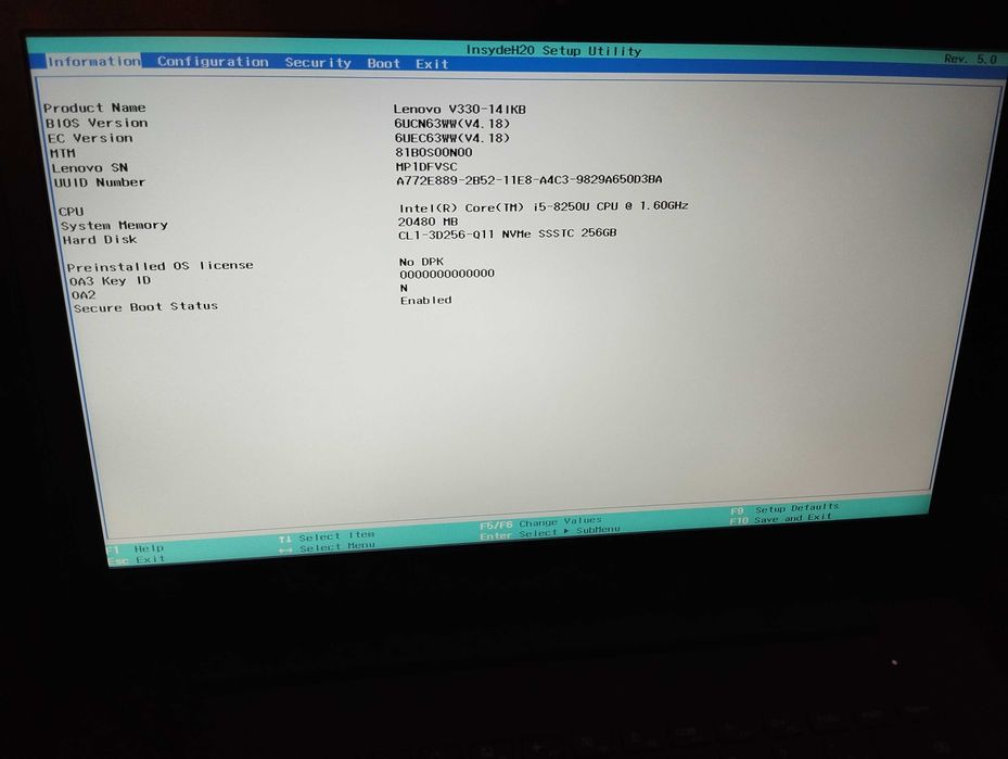 Laptop LENOVO Intel Core i5-8250U, 20GB RAM DDR4, 256GB SSD NVME