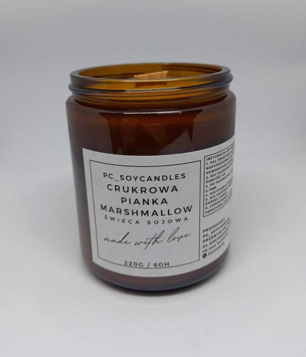 Świeca Sojowa Zapachowa Cukrowa Pianka Marshmallow 250ml 60h Drewniany