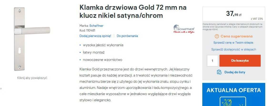 Klamka drzwi wewnętrzna Gold