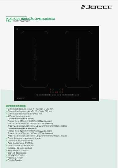 Pack Encastre Placa Indução + Forno Elétrico Jocel