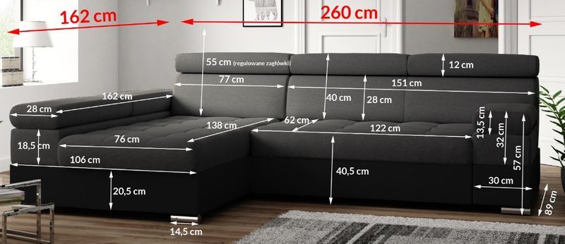 Narożnik PAULO rogówka REGULOWANE zagłówki RUCHOME sofa kanapa narożna
