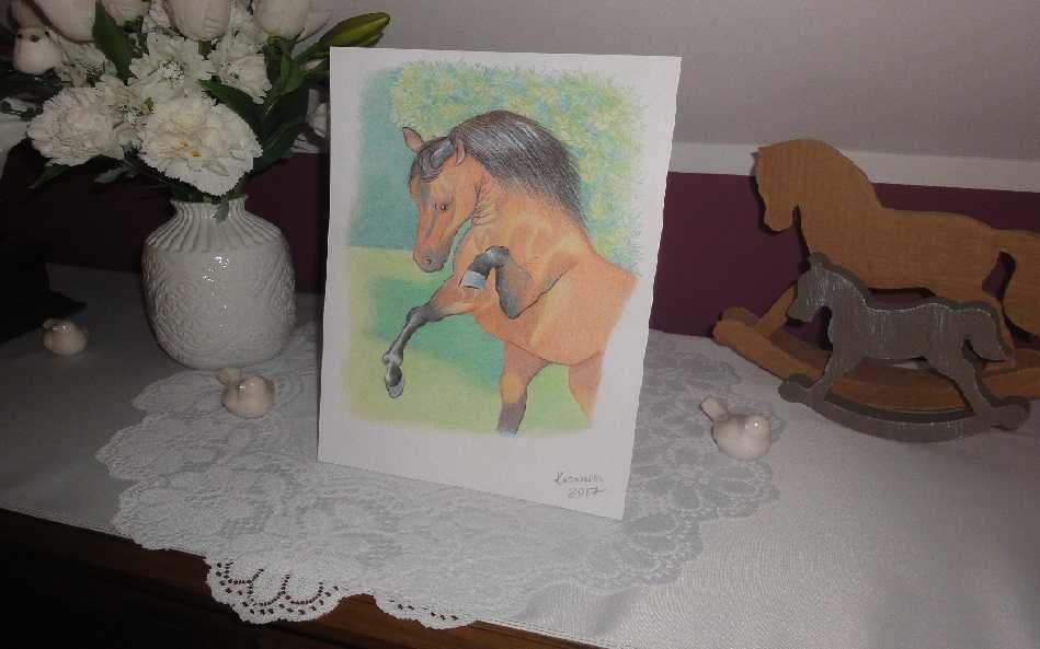 obraz - rysunek konia na łące / portret konik / koń