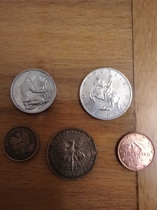 Лот из пяти монет ФРГ, Австрии, Польши и Словении