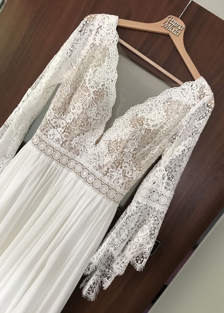 Suknia ślubna boho Annais Bridal Ganselma rozmiar S 36 koronka muślin