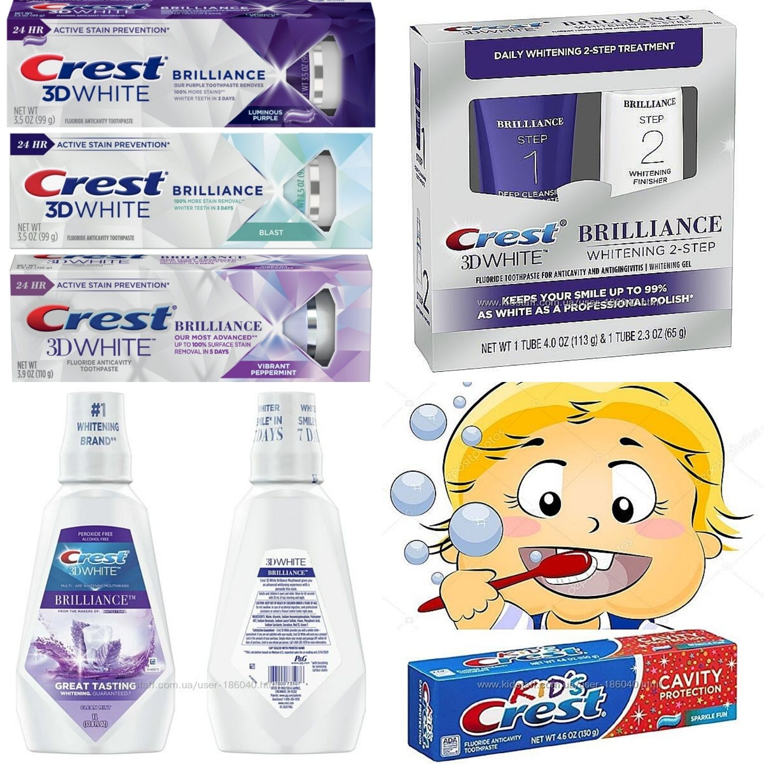 Фиолет от жёлтого отбеливание зубов Crest 3D Brilliance LUMINUOS PURPL