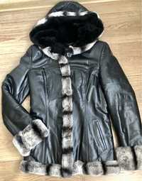 Женская кожаная куртка с натуральным мехом кролика, кожанка, пальто