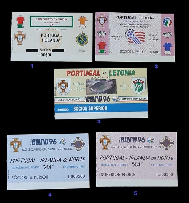 Colecionadores - 5 Bilhetes Futebol  - Seleção Portuguesa