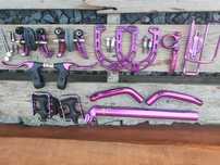 Purpurowe fioletowe części rowerowe sztyca hamulce  Tranz-X retro mtb
