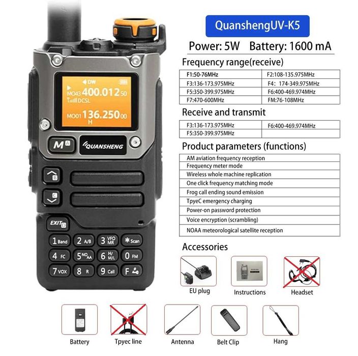 Walkie Talkie Scanner 50-600mhz AM FM Quansheng UV-K5 200CH