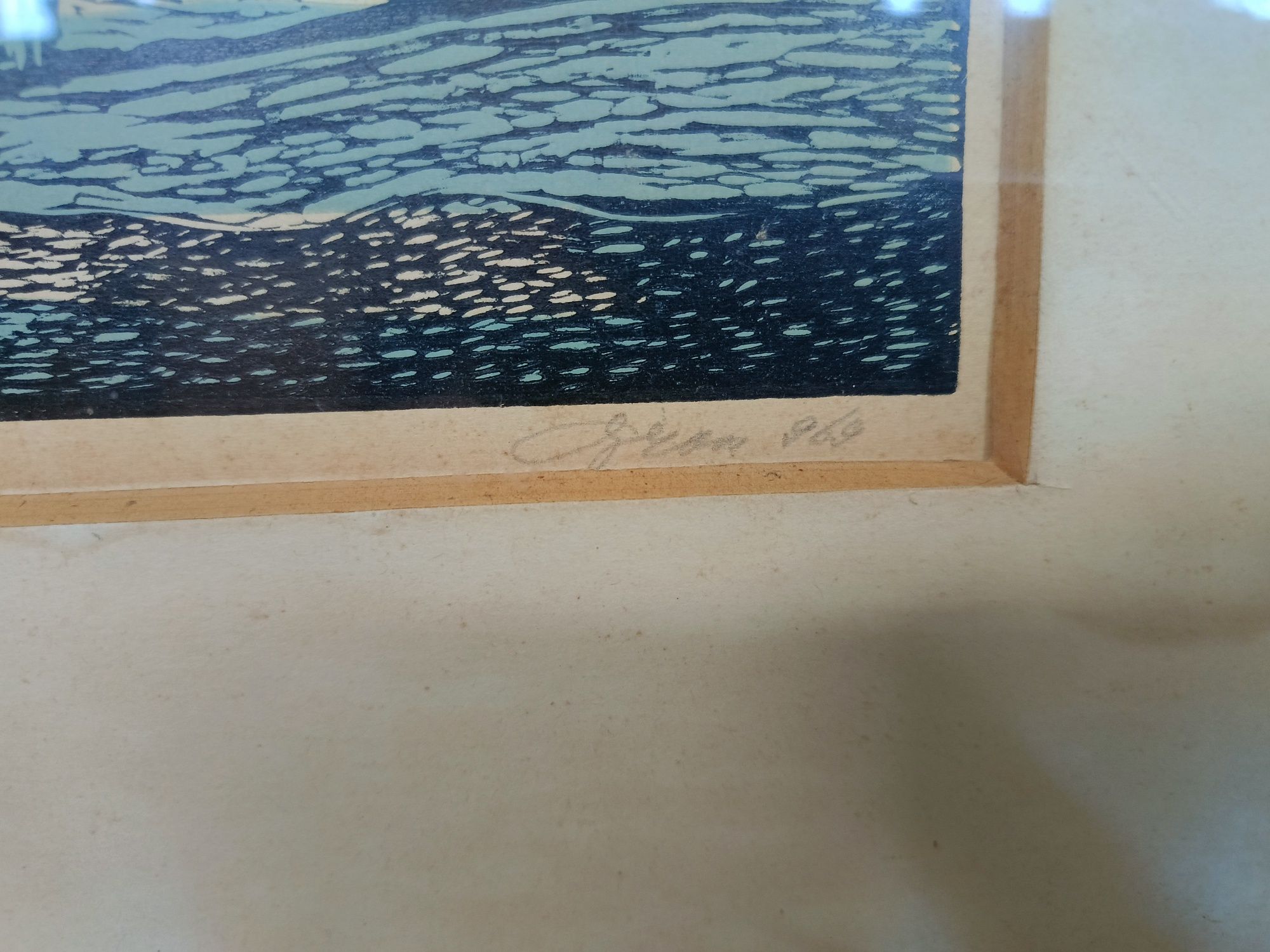 Linoryt unikat sygnowany "Zima w Dolinie" 60cm x 36cm