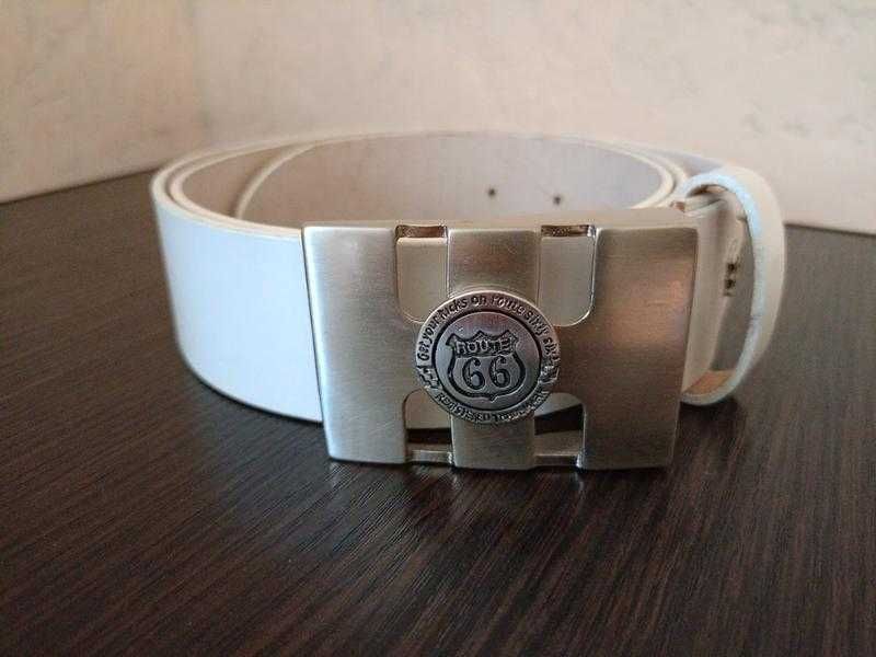Шкіряний білий ремінь з пряжкою Route 66