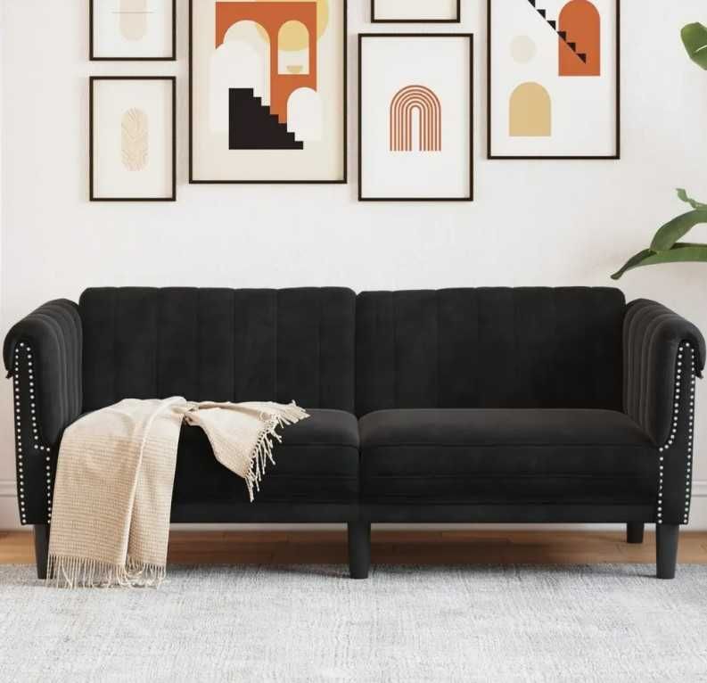 Sofa czarna cekiny do biura salonu nowoczesny styl aksamit 185 cm