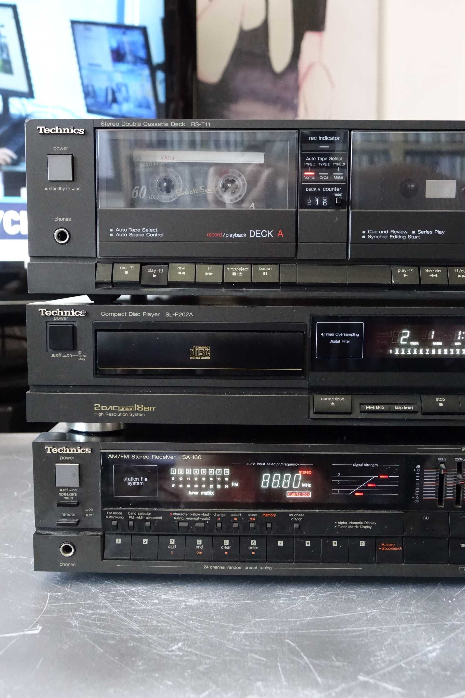 Wieża Technics -amplituner z korektorem, deck dwukasetowy i CD