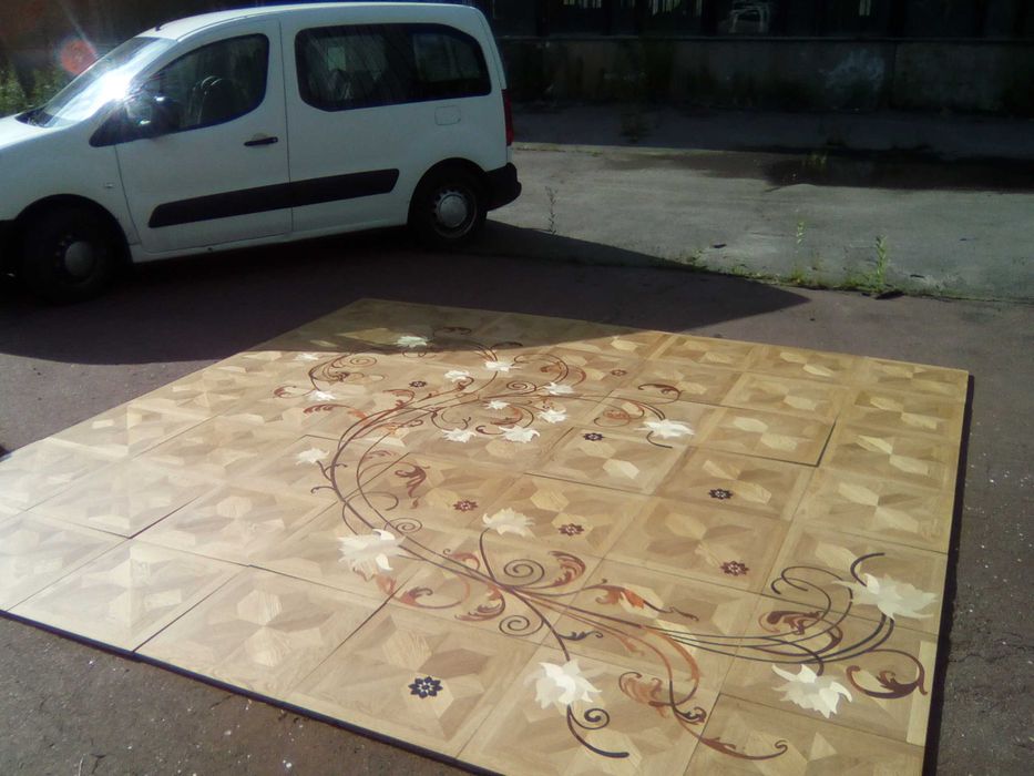 Паркет художественный геометрический, инкрустация в модульный паркет