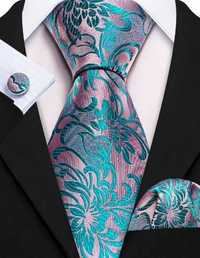 Komplet JEDWABNY Krawat Poszetka Spinki  różowy niebieski turkusowy