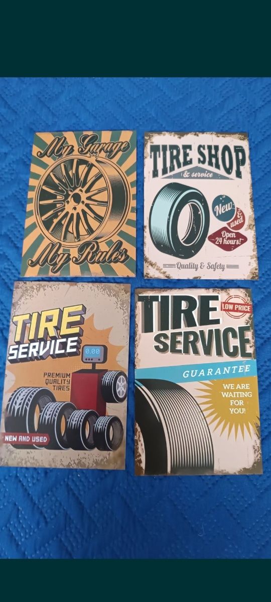 4 karty 15 X 10 z emblematami retro serwisów wulkanizacyjnych