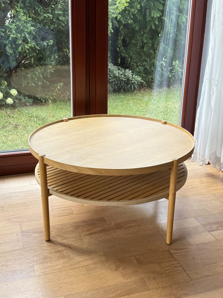 Stolik kawowy drewniany japandi okrągł designer ratan minimalistyc