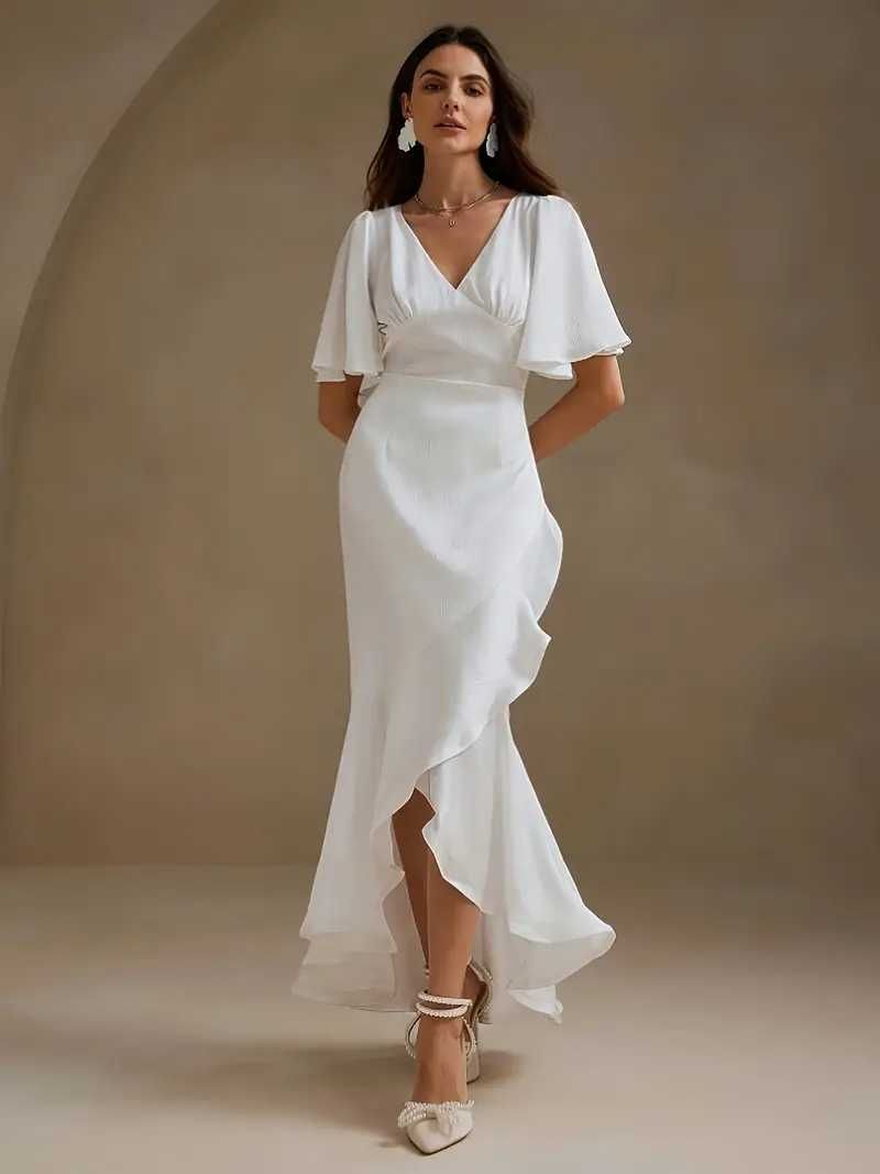 Nowa śnieżno biała sukienka elegancka, długa sukienka na imprezę R. XL