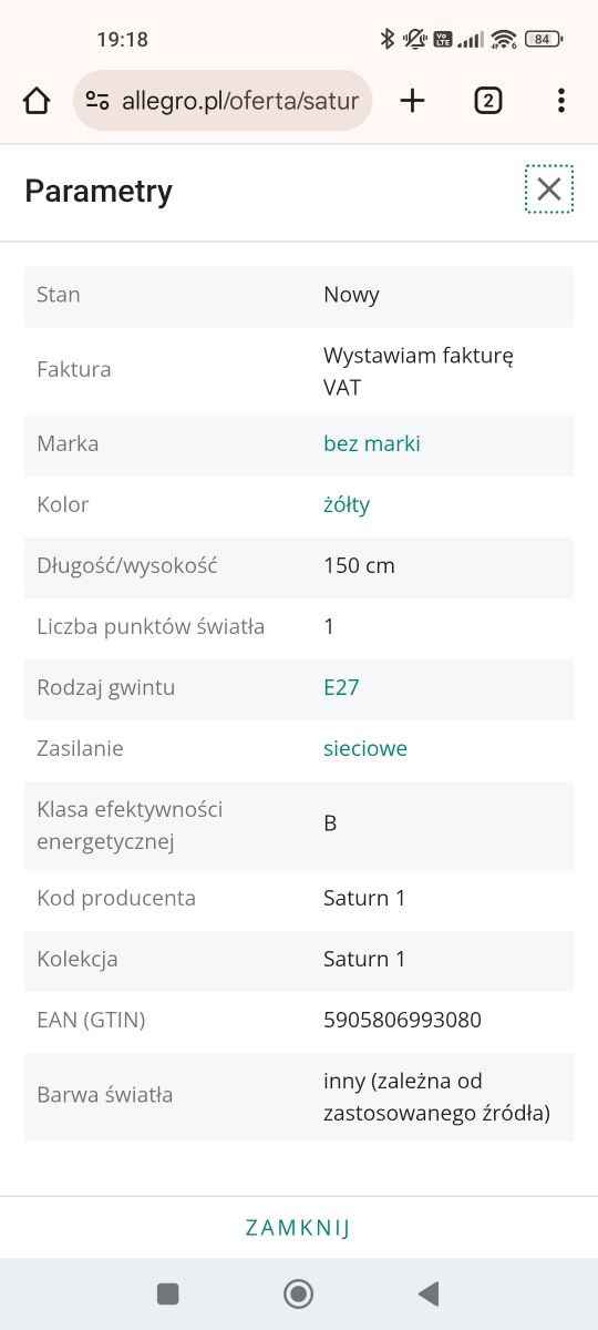 Lampa kula mleczna wisząca