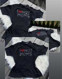 Koszulka handmade i love hot moms Bawełna100% black red