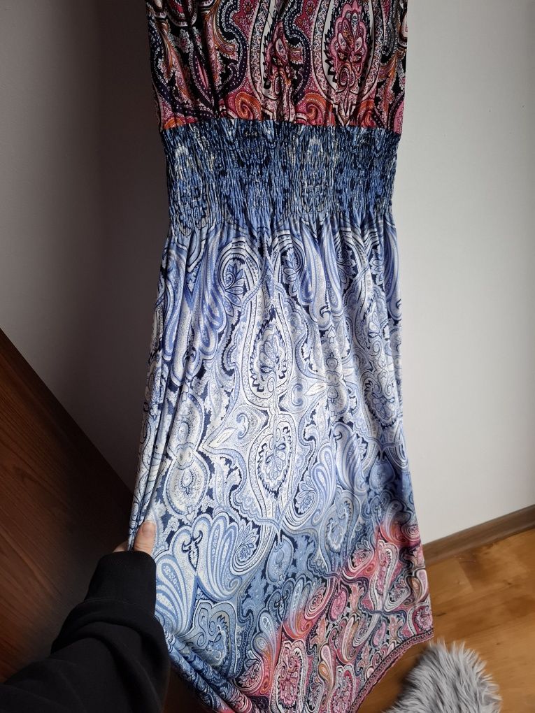Kolorowa sukienka maxi boho wzorki luźna lato 38