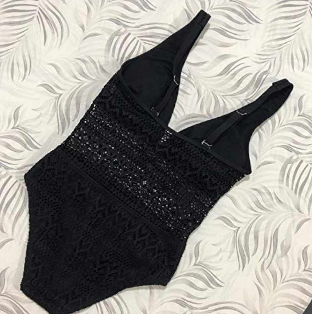 Czarny koronkowy strój kąpielowy jednoczęściowy push up L/XL