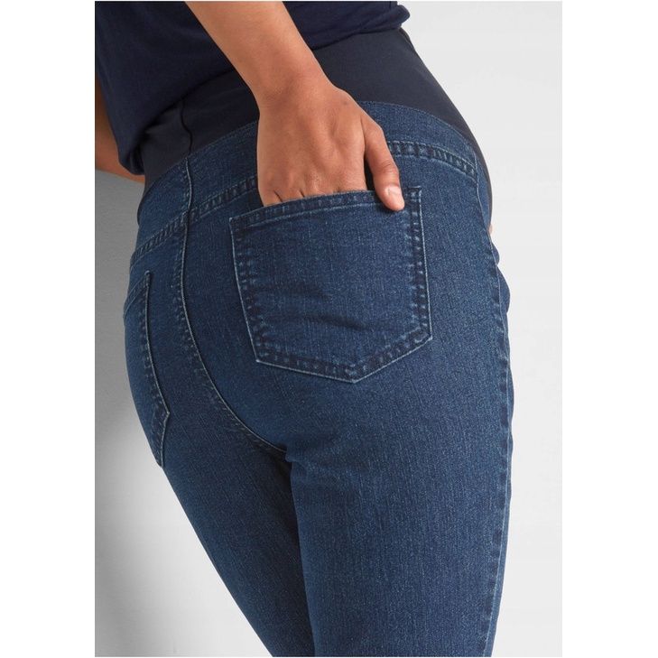 bonprix granatowe jeansowe spodnie ciążowe z pasem jegginsy  42-44