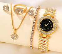 Złoty zegarek – zestaw 5 elementów – moda - styl - zegarek tradycyjny
