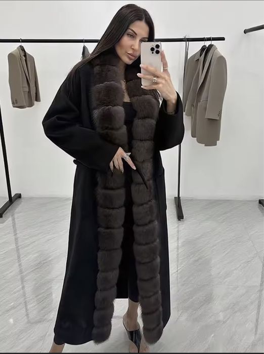 Kontantoo plaszcz kaszmirowo welniany czarny z futrem lisa xs-