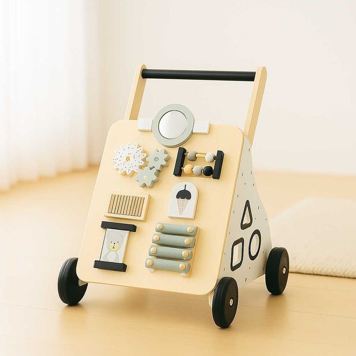 NOWY Drewniany Chodzik Pchacz Sensoryczny Z Narzędziami Edukacyjnymi