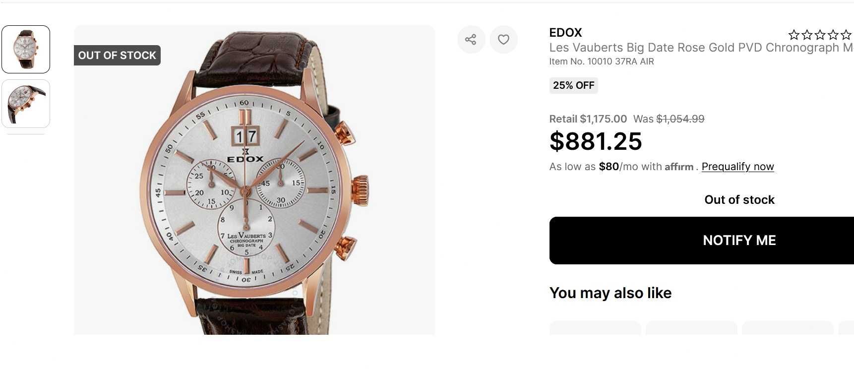 Zegarek EDOX Les Vauberts Big Date Rose Gold PVD Chronograph Pudełko
