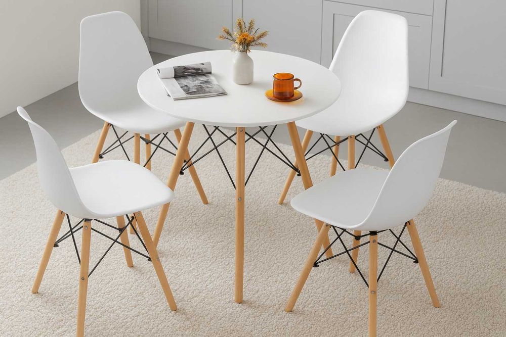NOWY Biały Okrągły Stół 60 cm z Krzesłami Do Jadalni Kuchni Salonu FV
