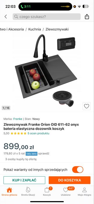 Zlewozmywak Franke Orion OID 611-62 onyx z syfonem przyściennym
